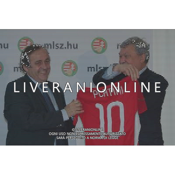 BUDAPEST, 9 dic 2010 () - L\'Unione delle associazioni europee di calcio (UEFA), il presidente Michel Platini (L) onori Federcalcio ungherese Sandor Presidente Csanyi con una bandiera della UEFA nel corso di una conferenza stampa a Budapest, in Ungheria, l\'8 dicembre , 2010. ÊÊÊPlatini ha invitato il primo ministro ungherese Viktor Orban per sostenere il gioco del calcio, contribuendo a frenare le lotterie che coinvolgono gioco di fissaggio e di sostenere i giocatori junior, dato che dal prossimo gennaio, l\'Ungheria a rotazione nella presidenza dell\'Unione europea. ÊÊÊ(/ Attila Všlgyi) Photoshot-agaldoliverani onlyitaly 