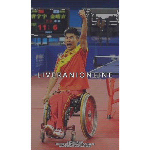 (101216) -- GUANGZHOU, Dec. 16, 2010 () -- China\'s Cao Ningning celebrates after winning the men\'s table tennis singles TT4 final at the 2010 Asian Para Games in Guangzhou, capital city of south China\'s Guangdong Province, Dec. 16, 2010. Cao beat South Korea\'s Kim Jung Gil in the final by 3-0 and took the gold medal of the event. (/Xu Yu) (zc) AG. ALDO LIVERANI SAS ITALY ONLY