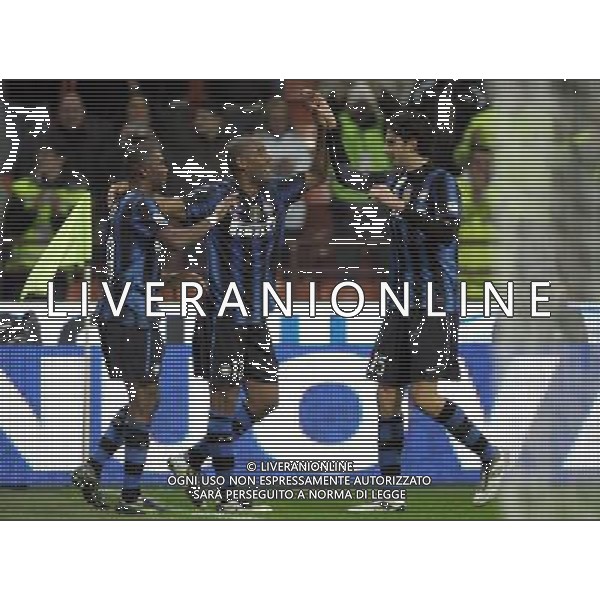 Inter - Genoa Coppa Italia Tim Cup 12/01/2011 nella foto esultanza di samuel eto\'o con maicon e ranocchia dopo il secondo gol ©luzzani/Agenzia Aldo Liverani Sas