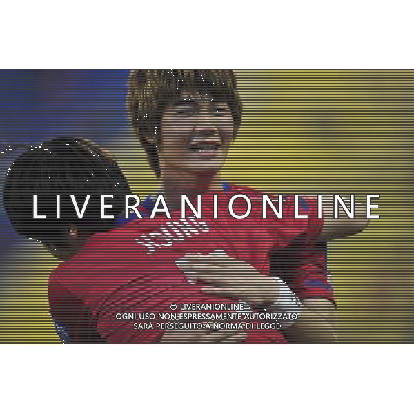 (110125) -- DOHA, Jan. 25, 2011 () -- Ki Sung Yueng of South Korea celebrates with Park Ji Sung for his goal during the semifinal between Japan and South Korea at the Asian Cup in Doha, capital of Qatar, Jan. 25, 2011. (/Tao Xiyi)(lm) Doha , Coppa d\'Asia 2011 semifinali Giappone vs Corea del Sud AG. ALDO LIVERANI SAS ITALY ONLY