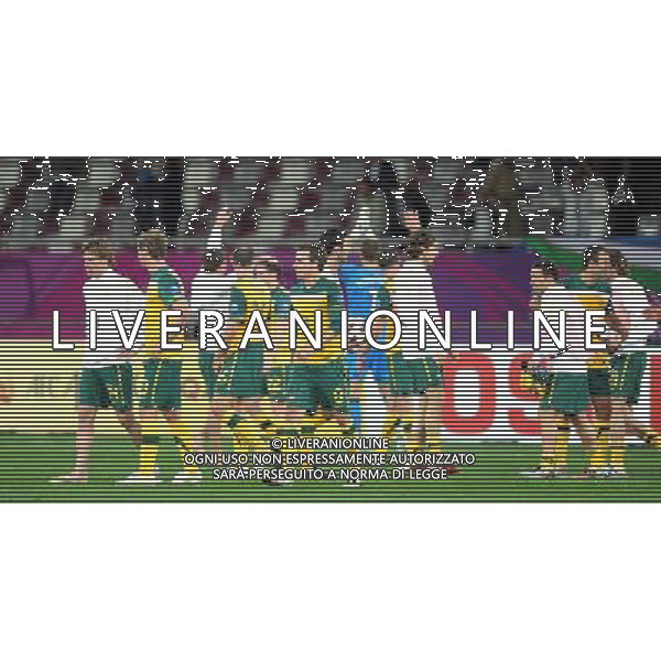 (110126) -- DOHA, Jan. 26, 2011 (Xinhua) -- Players of Australia celebrate the victory after the Asian Cup semifinal match between Uzbekistan and Australia in Doha, capital of Qatar, Jan. 25, 2011. Australia won 6-0 and advanced to the final. (Xinhua/Chen Shaojin) (xm) Doha Coppa d\'Asia 2011 Uzbekistan vs Australia AG. ALDO LIVERANI SAS ITALY ONLY