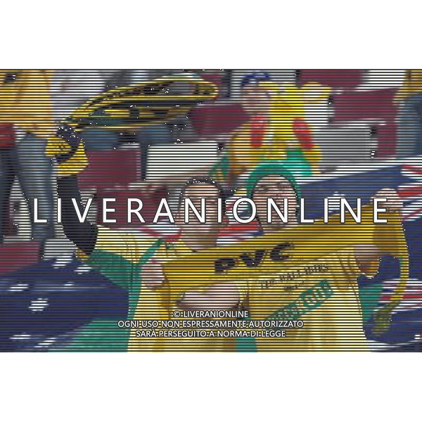 (110126) -- DOHA, Jan. 26, 2011 (Xinhua) -- Supporters of Australia team cheer during the Asian Cup semifinal match between Uzbekistan and Australia in Doha, capital of Qatar, Jan. 25, 2011. Australia won 6-0 and advanced to the final. (Xinhua/Chen Shaojin) (xm) Doha Coppa d\'Asia 2011 Uzbekistan vs Australia AG. ALDO LIVERANI SAS ITALY ONLY