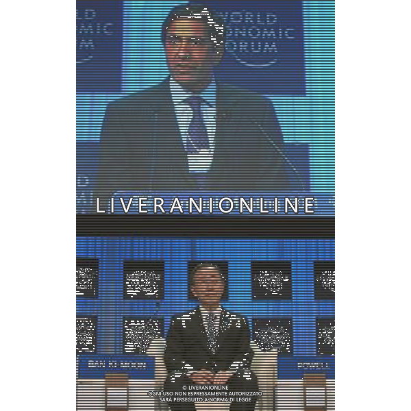 DAVOS/SWITZERLAND, 27JAN11 - Ban Ki-moon, Secretary-General, United Nations, New York sits on stage as Sanjay Gupta, Chief Medical Correspondent, CNN International, USA is seen on screen during the session \'Combating Chronic Disease\' at the Annual Meeting 2011 of the World Economic Forum in Davos, Switzerland, January 27, 2011. World Economic Forum ©PHOTOSHOT/Agenzia Aldo Liverani Sas - ITALY ONLY - EDITORIAL USE ONLY -