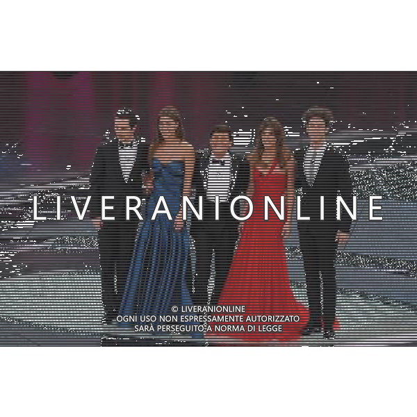 61mo Festival della canzone Italiana di Sanremo prima serata 15/02/2011 nella foto Gianni Morandi con Belen Rodriguez, Elisabetta canalis, Luca Bizzarri e Paolo Kessissoglu ©Gazzaniga/Agenzia Aldo Liverani Sas