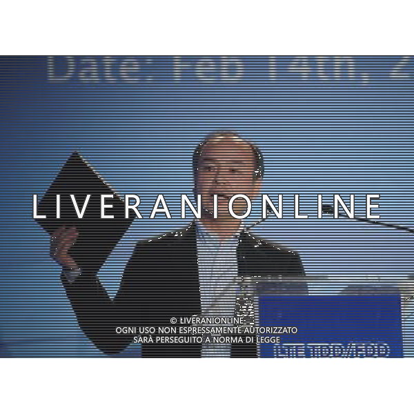 (110216) -- BARCELONA, Feb. 16, 2011 () -- Masayoshi Son, president of Japan\'s mobile phone operator Softbank, addresses the LTE TDD/FDD International Summit 2011 hosted by China Mobile during the 2011 Mobile World Congress in Barcelona, Spain, Feb. 14, 2011. China Mobile witnessed the launch of the Global TD-LTE Initiative (GTI) in Barcelona on Monday. The GTI aims to promote the deployment of TD-LTE networks as a standard 4G mobile technology throughout the World. (/Chen Haitong) (djj) AG. ALDO LIVERANI SAS ITALY ONLY