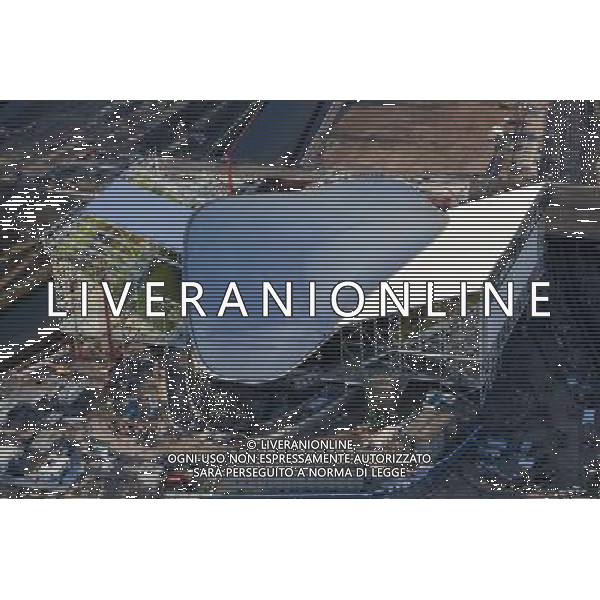Aquatics Centre Aerial. View of the Aquatics Centre showing the development of the temporary seating areas on either side. ©photoshot/Agenzia Aldo Liverani Sas - ITALY ONLY - Veduta panoramica aerea del sito del Parco Olimpico, dove si svolgeranno le Olimpiadi di Londra 2012