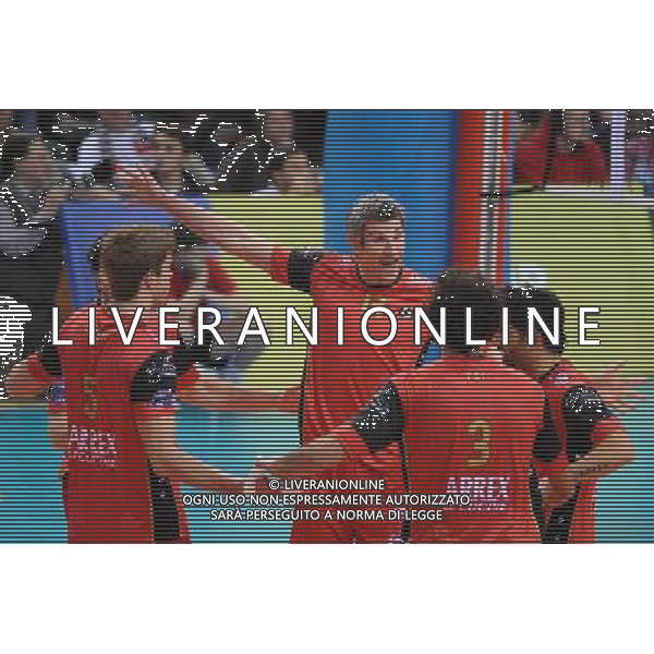 23.02.2011 RZESZOW, HALA PODPROMIE, UL. LENARTOWICZA (RZESZOW, POLAND), SIATKOWKA MEZCZYZN (MEN\'S VOLLEYBALL), POLFINAL (1/2) PUCHARU CEV (SEMI FINAL CEV CUP), MECZ ASSECO RESOVIA RZESZOW - SISLEY TREVISO (GAME ASSECO RESOVIA RZESZOW - SISLEY TREVISO) NZ JIRI KOVAR , ROB BONTJE, ALESSANDRO FEI, RADOSC PUNKT FOTO MICHAL STANCZYK / CYFRASPORT/NEWSPIX.PL --- Newspix.pl /AG ALDO LIVERANI PALLAVOLO VOLLEY ASSECO RESOVIA - SISLEY TREVISO - ITALY ONLY - *** Local Caption *** .