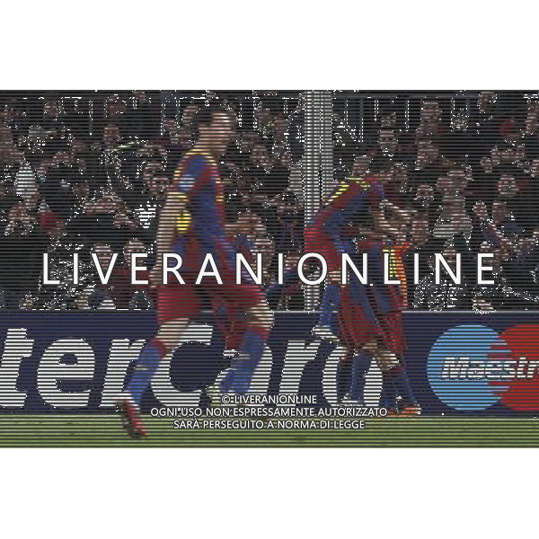 FC Barcelona\'s David Villa, Javier Mascherano, Daniel Alves, Andres Iniesta and Leo Messi celebrate goal during UEFA Champions League match.March 8,2011. (ALTERPHOTOS/Acero) ©photoshot/Agenzia Aldo Liverani Sas - ITALY ONLY - FC Barcelona - Arsenal secondo turno di UEFA Champions League 16 match Camp Nou, Barcellona, Spagna, 8 marzo 2011. 