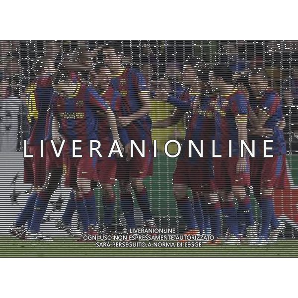 Barcelona‚s players celebrate Lionel Messi‚s second goal against Arsenal during the UEFA Champions League second round of 16 match between Barcelona FC and Arsenal in the Nou Camp Stadium, Barcelona, Spain, 8 March 2011. ©photoshot/Agenzia Aldo Liverani Sas - ITALY ONLY - FC Barcelona - Arsenal secondo turno di UEFA Champions League 16 match Camp Nou, Barcellona, Spagna, 8 marzo 2011. 