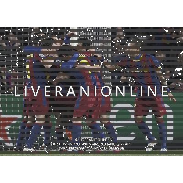 Barcelona‚s Lionel Messi celebrates with teammates his second goal against Arsenal during the UEFA Champions League second round of 16 match between Barcelona FC and Arsenal in the Nou Camp Stadium, Barcelona, Spain, 8 March 2011. ©photoshot/Agenzia Aldo Liverani Sas - ITALY ONLY - FC Barcelona - Arsenal secondo turno di UEFA Champions League 16 match Camp Nou, Barcellona, Spagna, 8 marzo 2011. 