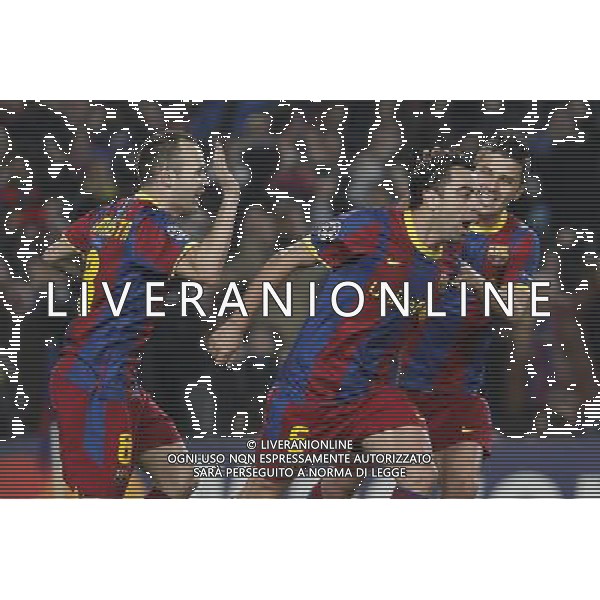 FC Barcelona\'s Xavi Hernandez (c), Andres Iniesta and David Villa celebrate goal during UEFA Champions League match.March 8,2011. Photo: Acero / Alterphotos / ALFAQUI /AG ALDO LIVERANI SAS CHAMPIONS LEAGUE BARCELLONA ARSENAL - ITALY ONLY -