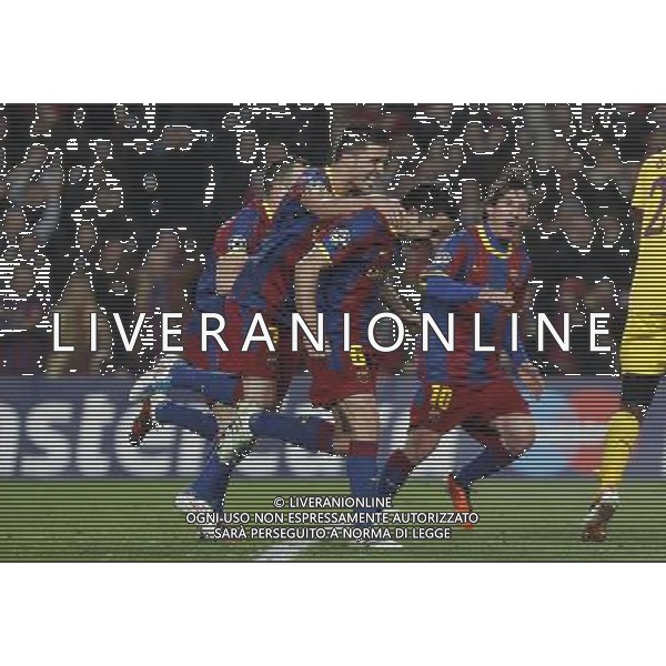 FC Barcelona\'s Xavi Hernandez (c), Andres Iniesta, Leo Messi (r) and David Villa celebrate goal during UEFA Champions League match.March 8,2011. Photo: Acero / Alterphotos / ALFAQUI /AG ALDO LIVERANI SAS CHAMPIONS LEAGUE BARCELLONA ARSENAL - ITALY ONLY -