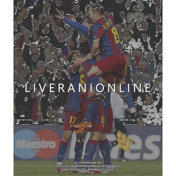 FC Barcelona\'s Leo Messi, Sergio Busquets, Pedro Rodriguez and Andres Iniesta celebrate goal during UEFA Champions League match.March 8,2011. Photo: Acero / Alterphotos / ALFAQUI /AG ALDO LIVERANI SAS CHAMPIONS LEAGUE BARCELLONA ARSENAL - ITALY ONLY -