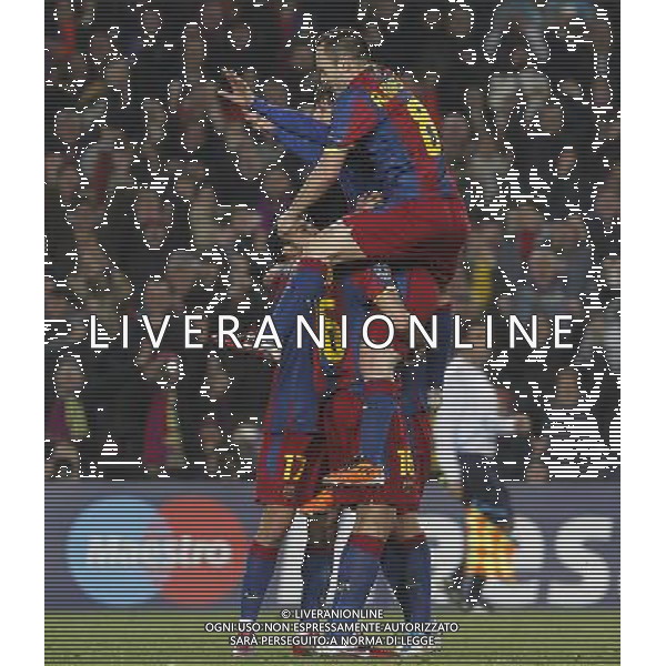 FC Barcelona\'s Leo Messi, Sergio Busquets, Pedro Rodriguez and Andres Iniesta celebrate goal during UEFA Champions League match.March 8,2011. Photo: Acero / Alterphotos / ALFAQUI /AG ALDO LIVERANI SAS CHAMPIONS LEAGUE BARCELLONA ARSENAL - ITALY ONLY -
