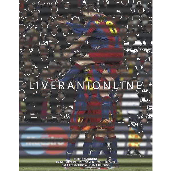 FC Barcelona\'s Leo Messi, Sergio Busquets, Pedro Rodriguez and Andres Iniesta celebrate goal during UEFA Champions League match.March 8,2011. Photo: Acero / Alterphotos / ALFAQUI /AG ALDO LIVERANI SAS CHAMPIONS LEAGUE BARCELLONA ARSENAL - ITALY ONLY -