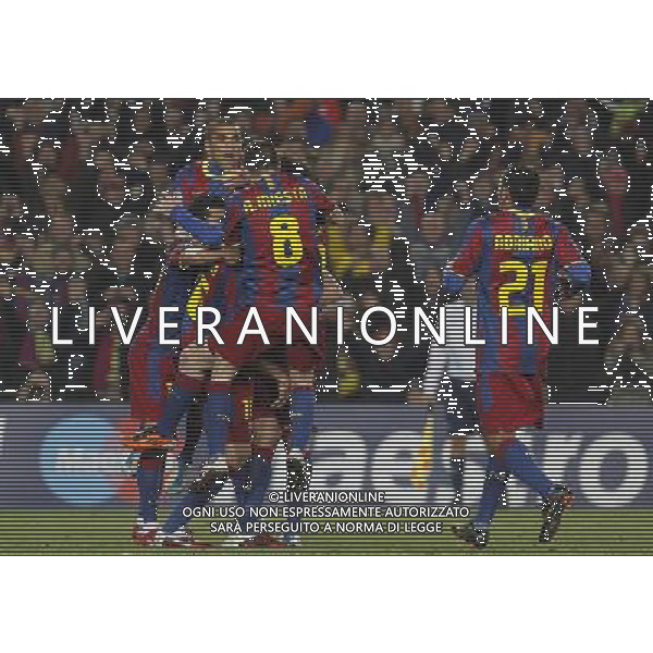 FC Barcelona\'s Leo Messi, Sergio Busquets, Pedro Rodriguez, Andres Iniesta, Daniel Alves and Adriano Correia celebrate goal during UEFA Champions League match.March 8,2011. Photo: Acero / Alterphotos / ALFAQUI /AG ALDO LIVERANI SAS CHAMPIONS LEAGUE BARCELLONA ARSENAL - ITALY ONLY -