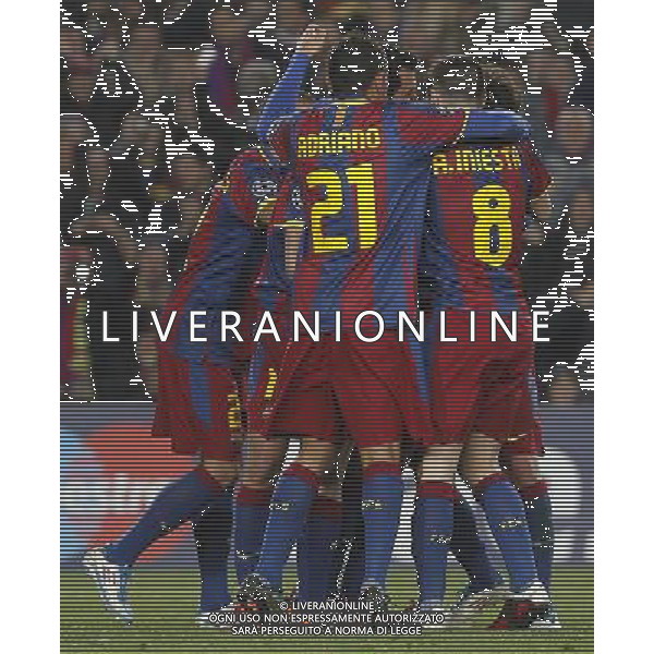 FC Barcelona\'s players celebrate goal during UEFA Champions League match.March 8,2011. Photo: Acero / Alterphotos / ALFAQUI /AG ALDO LIVERANI SAS CHAMPIONS LEAGUE BARCELLONA ARSENAL - ITALY ONLY -