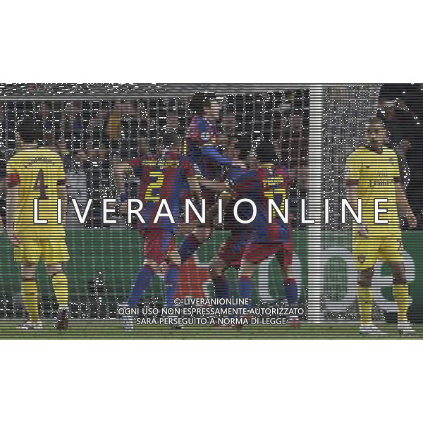 Barcelona\'s players celebrate Lionel Messi\'s second goal against Arsenal during the UEFA Champions League second round of 16 match between Barcelona FC and Arsenal in the Nou Camp Stadium, Barcelona, Spain, 8 March 2011. AG. ALDO LIVERANI SAS ITALY ONLY *** Local Caption *** .
