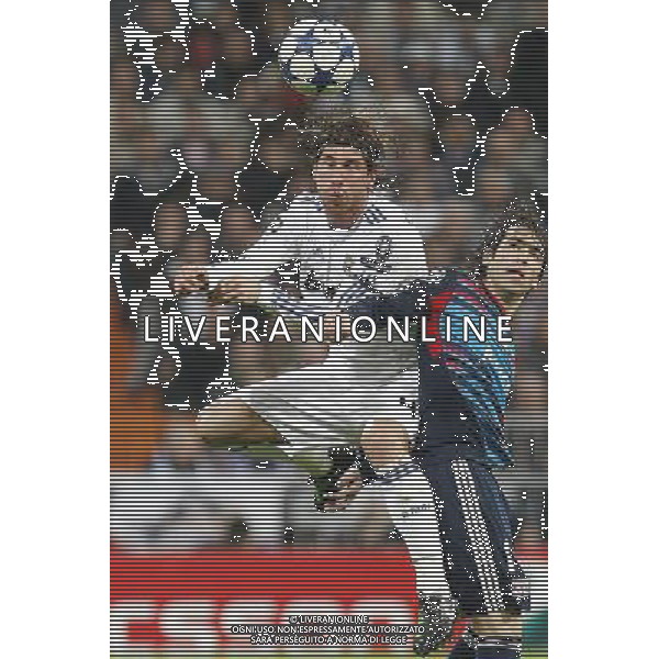 Real Madrid\'s Sergio Ramos and Olimpique Lyon\'s Cesar Delgado during Champions League match in Madrid on March 16th 2011. Photo: Cid-Fuentes / Cebolla / ALFAQUI AG ALDO LIVERANI ONLY ITALY