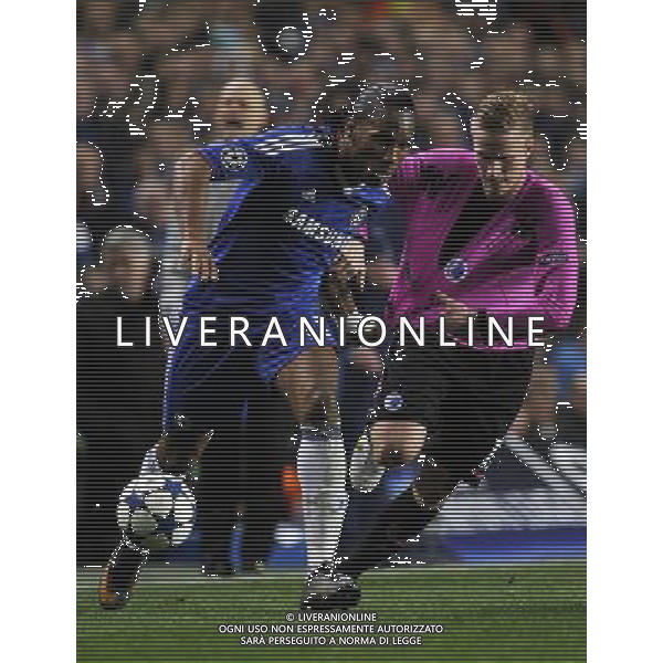 Didier Drogba from Chelsea challenge the ball against Cesar Santin of FC Copenhagen during the UEFA Champions League round of 16 second leg match in London, Great Britain on 16 March 2011. (FACUNDO ARRIZABALAGA) AG ALDO LIVERANI S A S ONLY ITALY