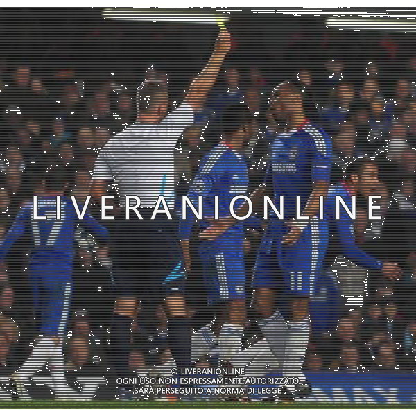 (110317) -- LONDON, March 17, 2011 () -- Didier Yves Drogba Tebily (front R) of Chelsea gets a yellow card during the match against FC Copenhagen at 2010/11 UEFA Champions League at Stamford Bridge Stadium in London, on March 16, 2011. The match ended with a 0-0 draw. On aggregate 2-0, Chelsea completed the lineup for quarter finals. (/Zeng Yi) (lm) AG ALDO LIVERANI S A S ONLY ITALY