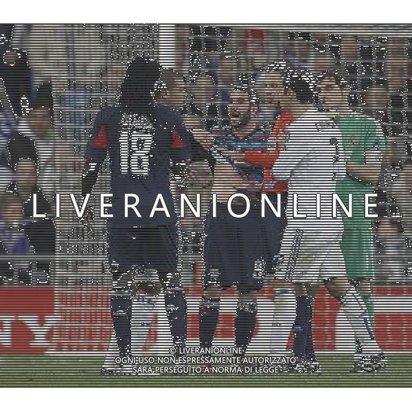 Real Madrid\'s Pepe and Olimpique Lyon\'s Lisandro during Champions League match in Madrid on March 16th 2011. Photo: Cid-Fuentes / Cebolla / ALFAQUI AG ALDO LIVERANI S A S ONLY ITALY