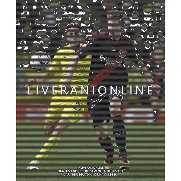 Villareal\'s Bruno Soriano (l) and Bayer 04 Leverkusen\'s Stefan Kiessling during UEFA Europa League match.March 17,2011. (ALTERPHOTOS/Acero) AG. ALDO LIVERANI SAS ITALY ONLY *** Local Caption *** .