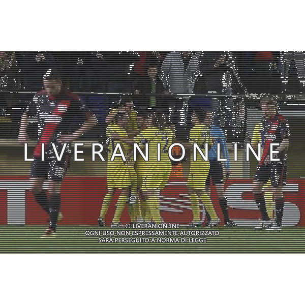 Villareal\'s Bruno Soriano, Santi Cazorla, Marco Ruben, Gonzalo Rodriguez and Mario Gaspar Perez celebrate goal in presence of Bayer 04 Leverkusen\'s Renato Augusto () and Domagoj Vida during UEFA Europa League match.March 17,2011. (ALTERPHOTOS/Acero) AG. ALDO LIVERANI SAS ITALY ONLY *** Local Caption *** .