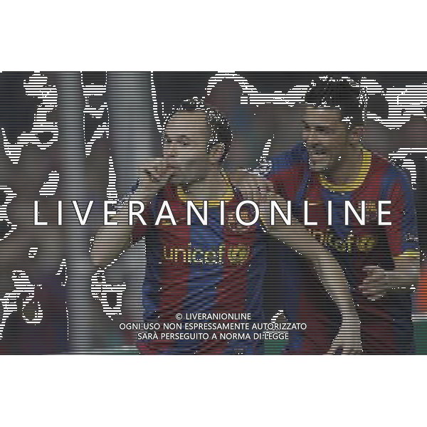 Barcelona\'s Iniesta (goal) and David Villa during Champions League match on April, 6th 2011. Photo: Cesar Cebolla / ALFAQUI /ALDO LIVERANI CHAMPIONS LEAGUE BARCELLONA - FC Shakhtar Donetsk ANDATA DEI QUARTI DI FINALE - ITALY ONLY - *** Local Caption *** .