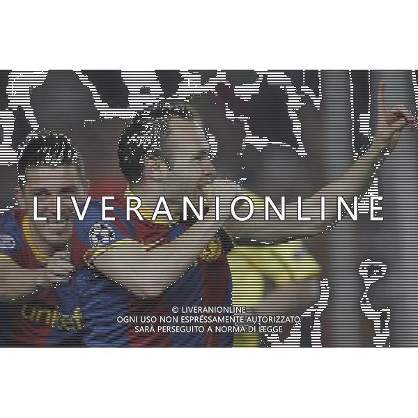 Barcelona\'s Iniesta (goal) and David Villa during Champions League match on April, 6th 2011. Photo: Cesar Cebolla / ALFAQUI /ALDO LIVERANI CHAMPIONS LEAGUE BARCELLONA - FC Shakhtar Donetsk ANDATA DEI QUARTI DI FINALE - ITALY ONLY - *** Local Caption *** .