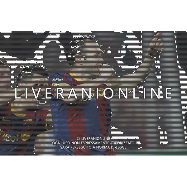 Barcelona\'s Iniesta (goal) and David Villa during Champions League match on April, 6th 2011. Photo: Cesar Cebolla / ALFAQUI /ALDO LIVERANI CHAMPIONS LEAGUE BARCELLONA - FC Shakhtar Donetsk ANDATA DEI QUARTI DI FINALE - ITALY ONLY - *** Local Caption *** .