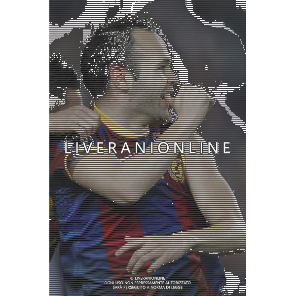 Barcelona\'s Iniesta (goal) and David Villa during Champions League match on April, 6th 2011. Photo: Cesar Cebolla / ALFAQUI /ALDO LIVERANI CHAMPIONS LEAGUE BARCELLONA - FC Shakhtar Donetsk ANDATA DEI QUARTI DI FINALE - ITALY ONLY - *** Local Caption *** .