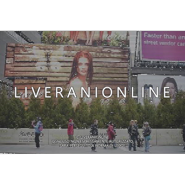 Visitors walk through a \'pop-up forest\' in Times Square in New York on Thursday, April 7, 2011, designated Million Trees Month. Sponsored by AVEENO the green oasis is to be donated to the New York Restoration Project\'s Million Trees initiative which will plant one million new trees in the city by the year 2017. \'foresta di pop-up \' in Times Square a New York , sponsorizzata da Aveeno l\'oasi verde nasce per la donazione di almeno un milione di alberi da piantare nella citta AG. ALDO LIVERANI SAS ITALY ONLY *** Local Caption *** .