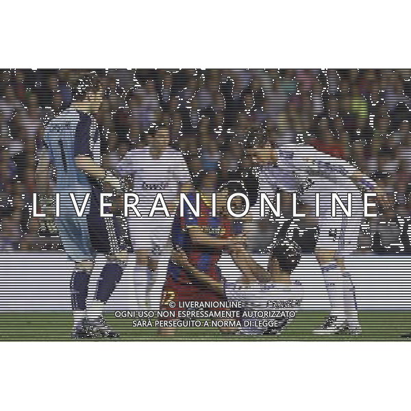 FC Barcelona\'s Pedro Rodriguez (c) and Real Madrid\'s Iker Casillas, Ricardo Carvalho and Sergio Ramos have words during King\'s Cup 2001 Final match.April 20,2011. (ALTERPHOTOS/Acero) ALDO LIVERANI S A S ONLY ITALY
