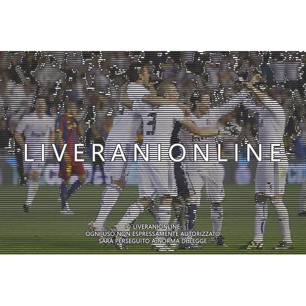 Real Madrid\'s Xabi Alonso, Pepe, Ezequiel Garay, Iker Casillas, Sergio Ramos and Cristiano Ronaldo celebrate the victory during King\'s Cup 2001 Final match.April 20,2011. (ALTERPHOTOS/Acero) ALDO LIVERANI S A S ONLY ITALY