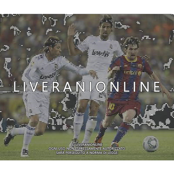 Real Madrid\'s Sergio Ramos and Sami Khedira vs Barcelona\'s Lionel Messi during Spain\'s King\'s Cup Final match in Valencia, Spain on April 20th 2011. Photo: Cesar Cebolla / ALFAQUI ALDO LIVERANI S A S ONLY ITALY