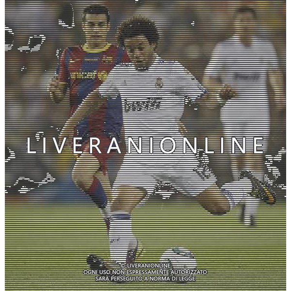 Real Madrid\'s Marcelo Vieira and FC Barcelona\'s Pedro Rodriguez during la Spain King\'s Cup Final match in Valencia, Spain on April 20th 2011. Photo: Cesar Cebolla / ALFAQUI ALDO LIVERANI S A S ONLY ITALY