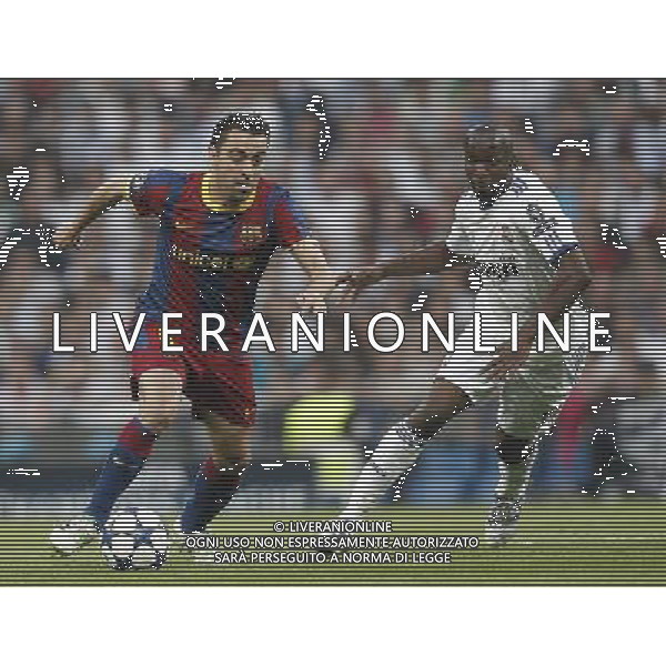Real Madrid\'s Lass Diarra and Barcelona\'s Xavi Hernandez during Champions League semifinal first match on April 27 2011. Photo: Cesar Cebolla / ALFAQUI AG. ALDO LIVERANI ONLY ITALY