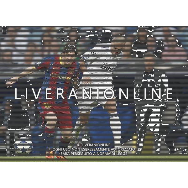 Real Madrid\'s Pepe and Barcelona\'s Lionel Messi during Champions League semifinal first match on April 27 2011. Photo: Cesar Cebolla / ALFAQUI AG. ALDO LIVERANI ONLY ITALY