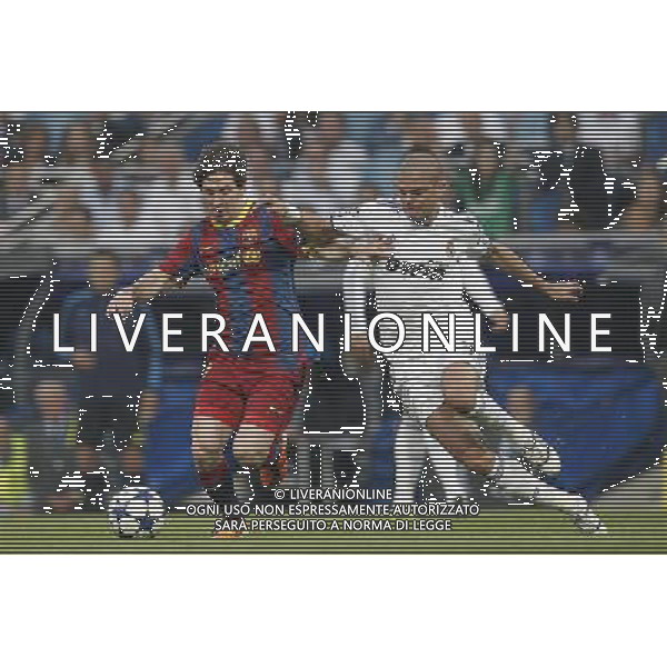 Real Madrid\'s Pepe and Barcelona\'s Lionel Messi during Champions League semifinal first match on April 27 2011. Photo: Cesar Cebolla / ALFAQUI AG. ALDO LIVERANI ONLY ITALY