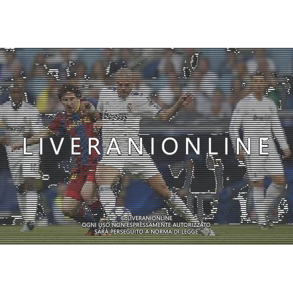 Real Madrid\'s Pepe and Barcelona\'s Lionel Messi during Champions League semifinal first match on April 27 2011. Photo: Cesar Cebolla / ALFAQUI AG. ALDO LIVERANI ONLY ITALY