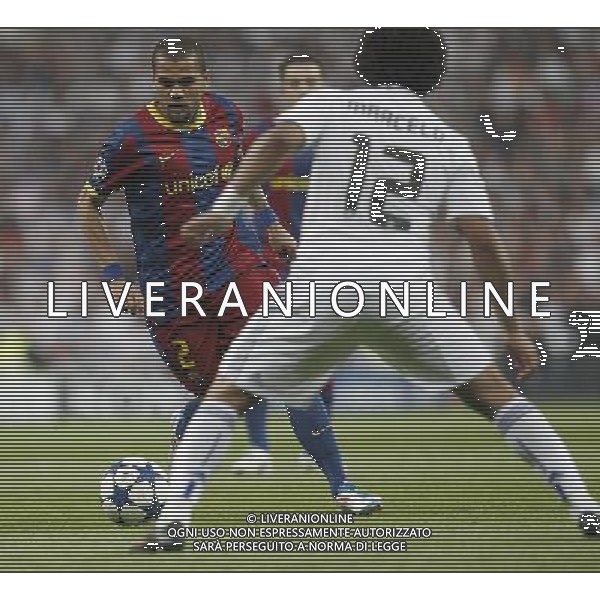Real Madrid\'s Marcelo Vieira and Barcelona\'s Daniel Alves during Champions League semifinal first match on April 27 2011. Photo: Cesar Cebolla / ALFAQUI AG ALDO LIVERANI S A S ONLY ITALY