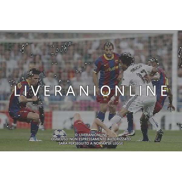 Real Madrid\'s Marcelo Vieira and Barcelona\'s David Villa, Javier Mascherano and Seydou Keita during Champions League semifinal first match on April 27 2011. Photo: Cesar Cebolla / ALFAQUI AG ALDO LIVERANI S A S ONLY ITALY