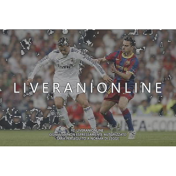 Real Madrid\'s Cristiano Ronaldo and Barcelona\'s Xavi Hernandez during Champions League semifinal first match on April 27 2011. Photo: Cesar Cebolla / ALFAQUI ag aldo liverani only italy
