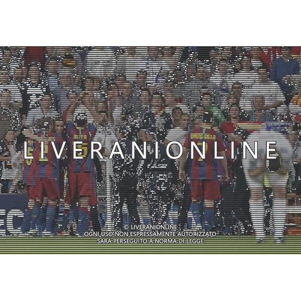 Barcelona\'s cellebration after Lionel Messi goal during Champions League semifinal first match on April 27 2011. Photo: Cesar Cebolla / ALFAQUI aldo liverani s a s only italy
