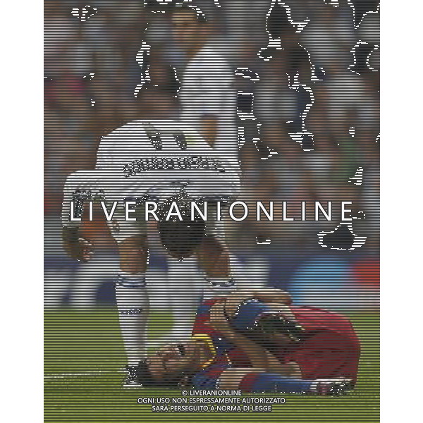 Real Madrid\'s Sergio Ramos and Barcelona\'s Sergio Busquets during Champions League semifinal first match on April 27 2011. Photo: Alex Cid-Fuentes / ALFAQUI AG ALDO LIVERANI ONLY ITALY