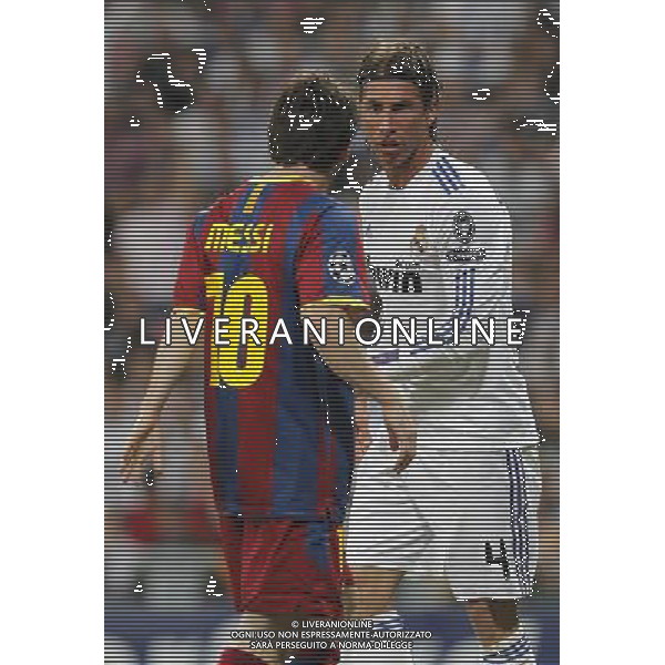 Real Madrid\'s Sergio Ramos and Barcelona\'s Lionel Messi during Champions League semifinal first match on April 27 2011. Photo: Alex Cid-Fuentes / ALFAQUI AG ALDO LIVERANI ONLY ITALY