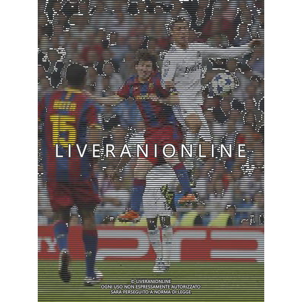Real Madrid\'s Cristiano Ronaldo and Barcelona\'s Lionel Messi during Champions League semifinal first match on April 27 2011. Photo: Alex Cid-Fuentes / ALFAQUI AG ALDO LIVERANI ONLY ITALY