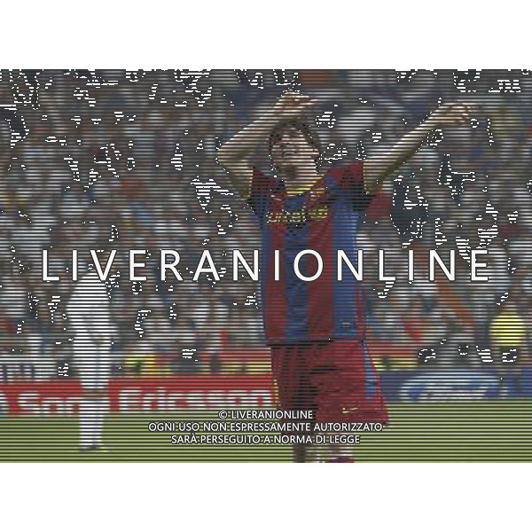 Barcelona\'s Lionel Messi goal and Cristiano Ronaldo during Champions League semifinal first match on April 27 2011. Photo: Alex Cid-Fuentes / ALFAQUI AG ALDO LIVERANI ONLY ITALY