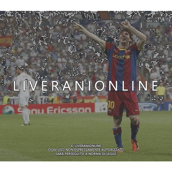 Barcelona\'s Lionel Messi goal and Cristiano Ronaldo during Champions League semifinal first match on April 27 2011. Photo: Alex Cid-Fuentes / ALFAQUI AG ALDO LIVERANI ONLY ITALY